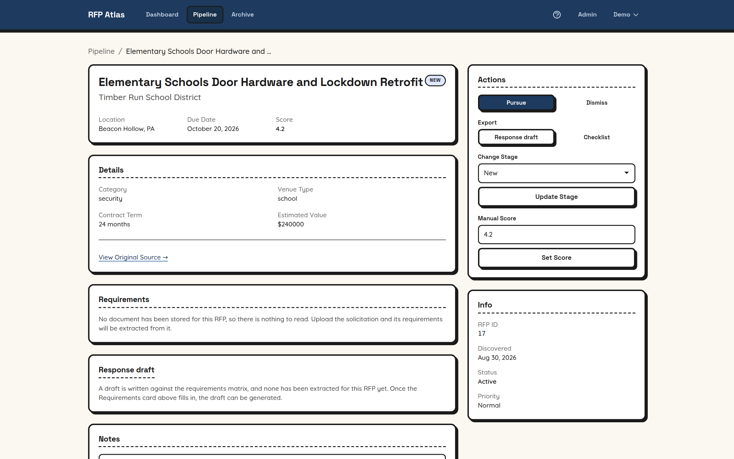 An RFP detail page with extracted deadlines, estimated value, fit rating, red flags, and export actions